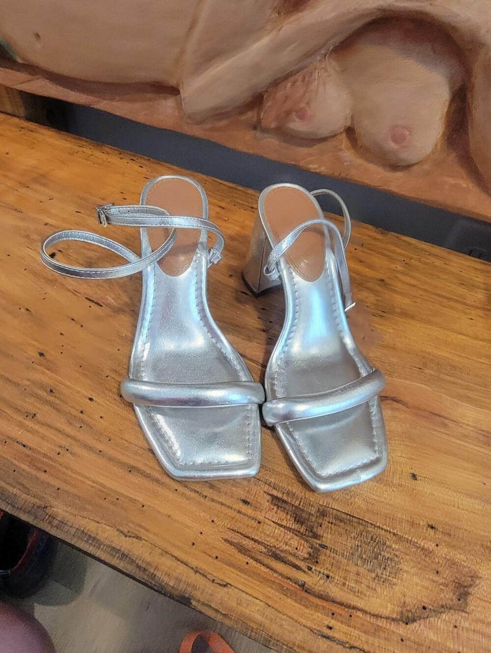 ASOS Design "Hilton Barely There" Sz 9 Faux Leather Silver Upper 3.5" Block Heel